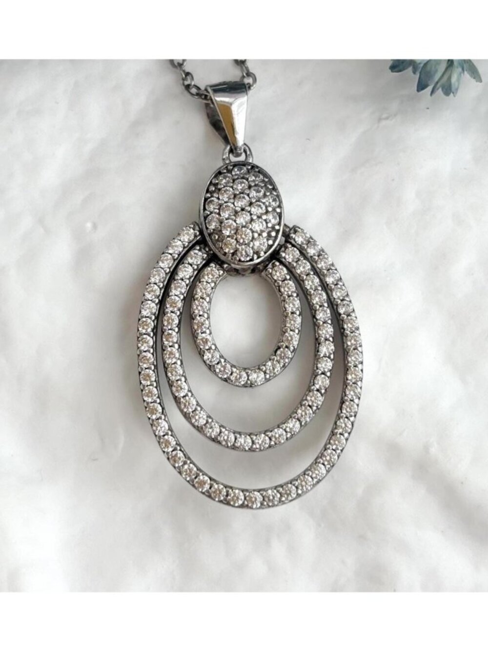Triple Oval Sterling Silver Pave Bridal 925 Vintage Pendant Necklace - 18"